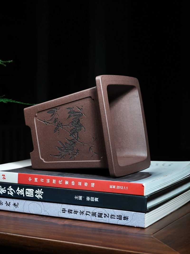 凹开窗宽口四方签筒紫砂兰花盆 实拍角度5