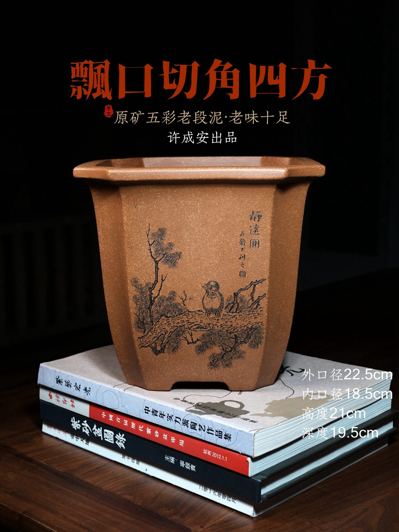飘口切角四方 · 紫砂兰花盆 · 原矿五彩老段泥 · 许成安 · 蒋旭超（助理工艺美术师）