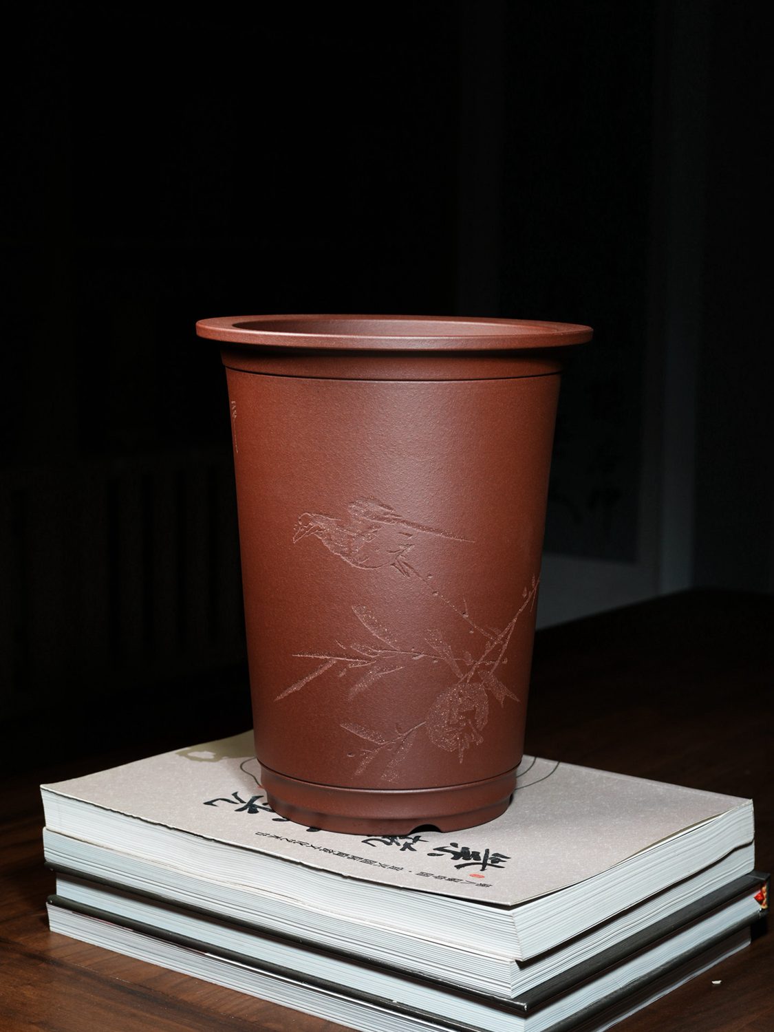 中槽青花鸟签筒紫砂兰花 原矿中槽青